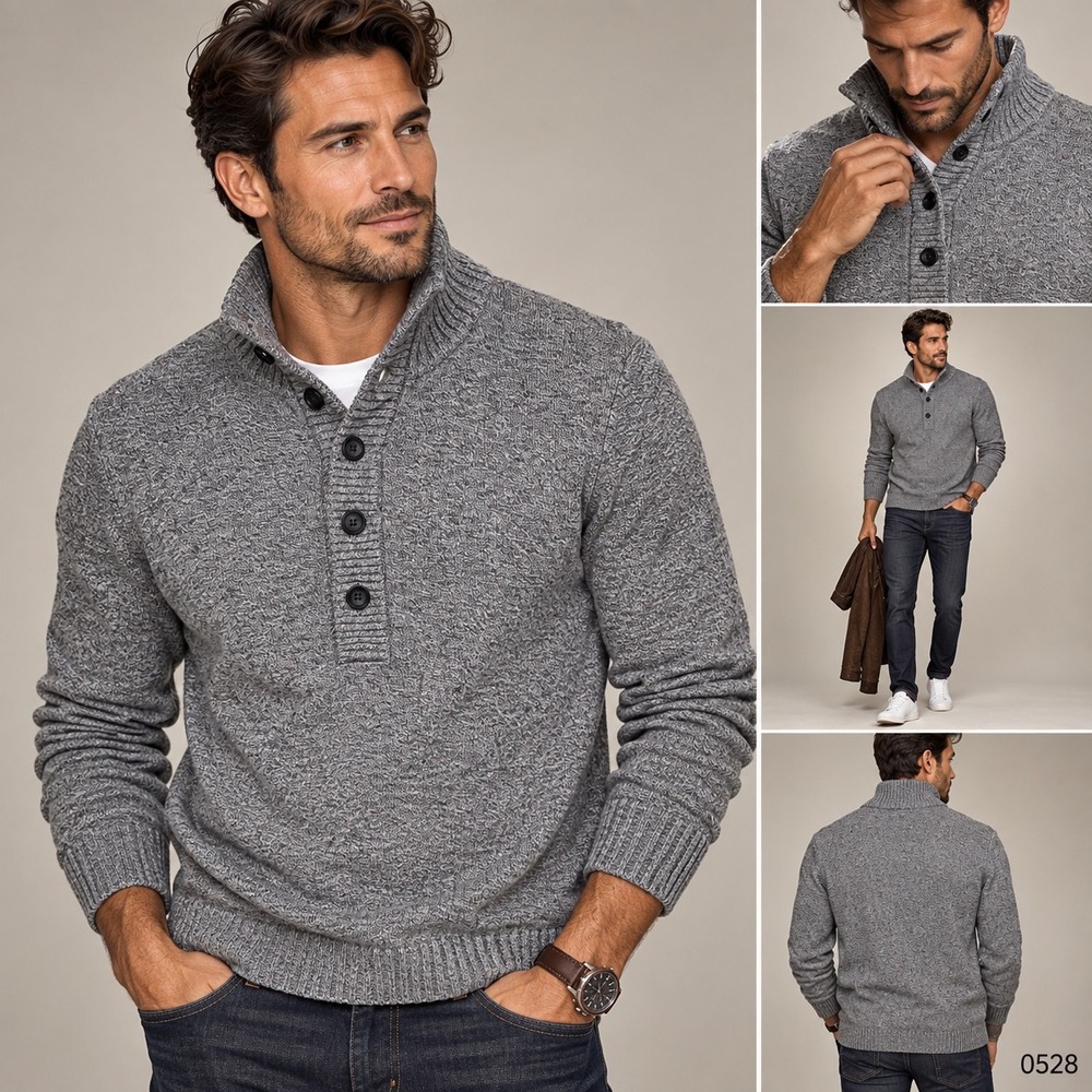 Eddie Bauer Mens Grey Marl Mock Neck Button Pullover Sweater 0528